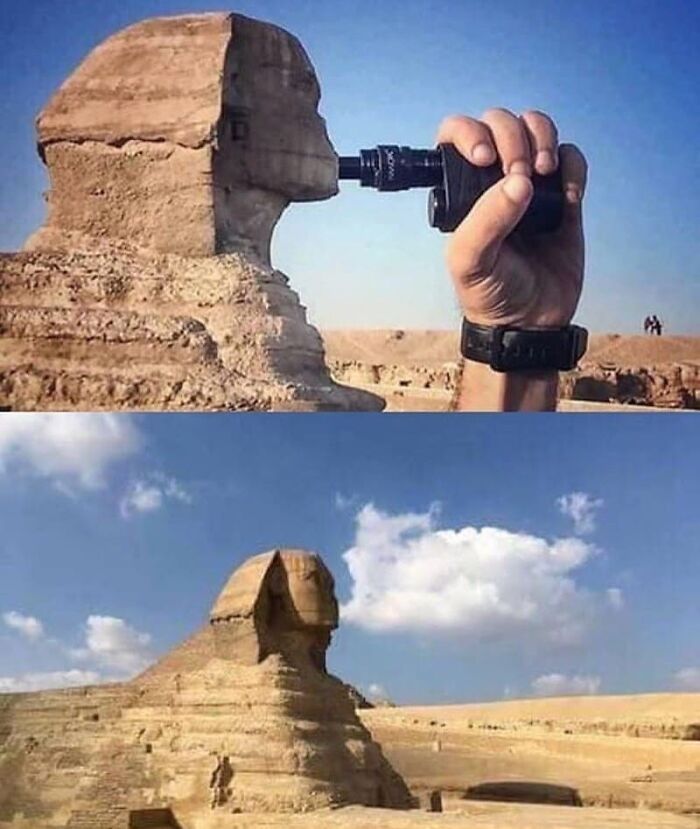 Funny ancient Egypt meme showing the Sphinx and a hand pretending it is drinking from a bottle at the mouth.
