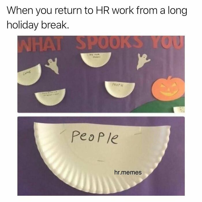 Paper plates on a board showing what spooks HR workers, with one labeled people, highlighting HR work chaos humor.