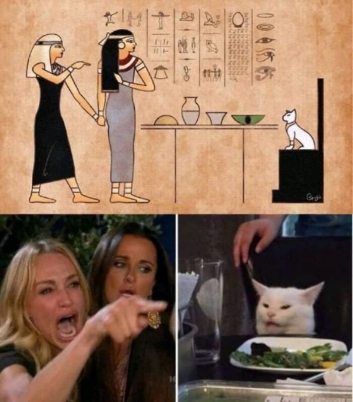 Ancient Egypt meme combining hieroglyphic art with popular cat and yelling woman internet meme for humor and entertainment.