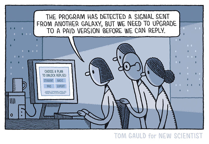 Three people in a comic by Tom Gauld discussing a program detecting signals needing an upgrade to reply.