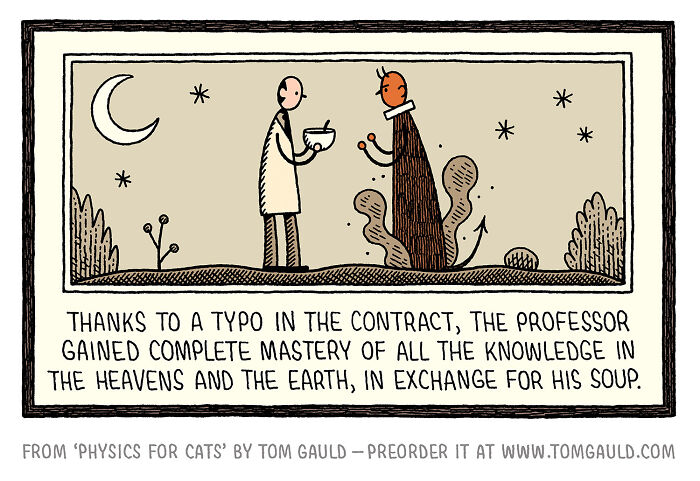 Cartoon-style comic by Tom Gauld illustrating science and books with whimsical art and a humorous story.