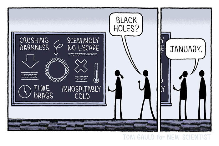 Comic by Tom Gauld illustrating big ideas about black holes with simple art and text on a chalkboard in tiny comics style.