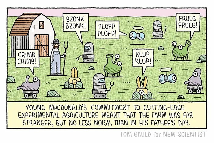 Comic illustration by Tom Gauld depicting experimental agriculture with quirky robots and creatures in a farm setting.