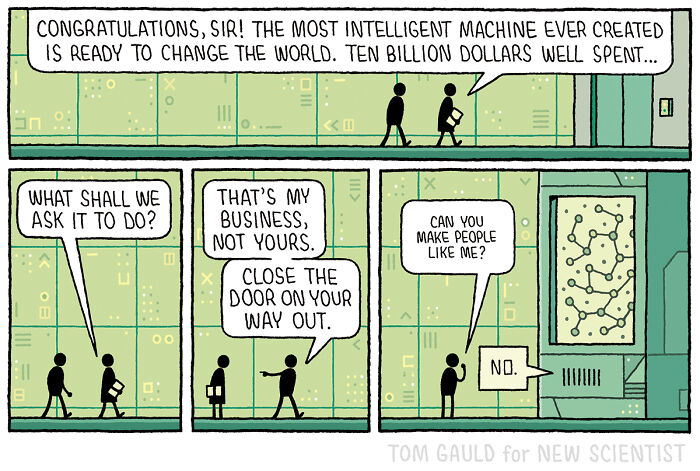 Comic strip by Tom Gauld showing two people discussing the most intelligent machine and its purpose in a science setting.