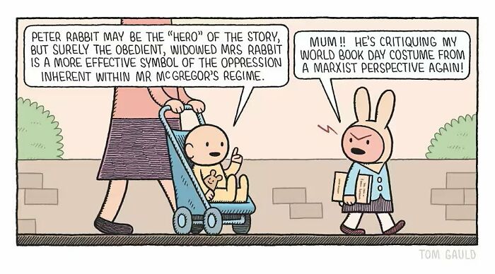 Comic by Tom Gauld showing two children discussing books and art with a focus on science and social critique.