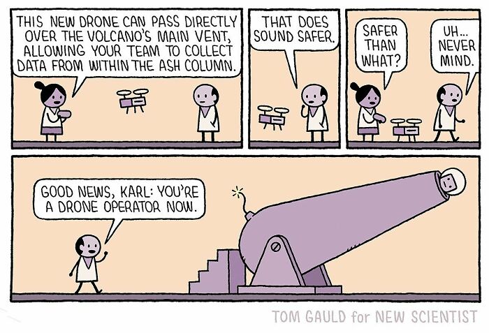 Comic strip by Tom Gauld showing characters discussing a drone mission over a volcano in a tiny comic style.