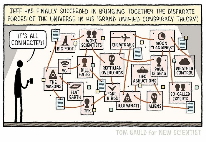 Comic illustration by Tom Gauld showing a conspiracy theory board connecting various big ideas with tiny comics style.