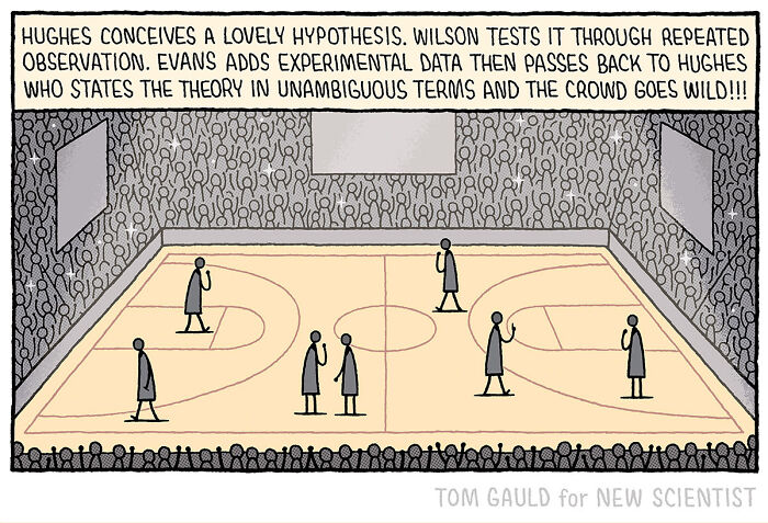 Comic illustration by Tom Gauld showing stick figures on a basketball court symbolizing books, art, and science concepts.
