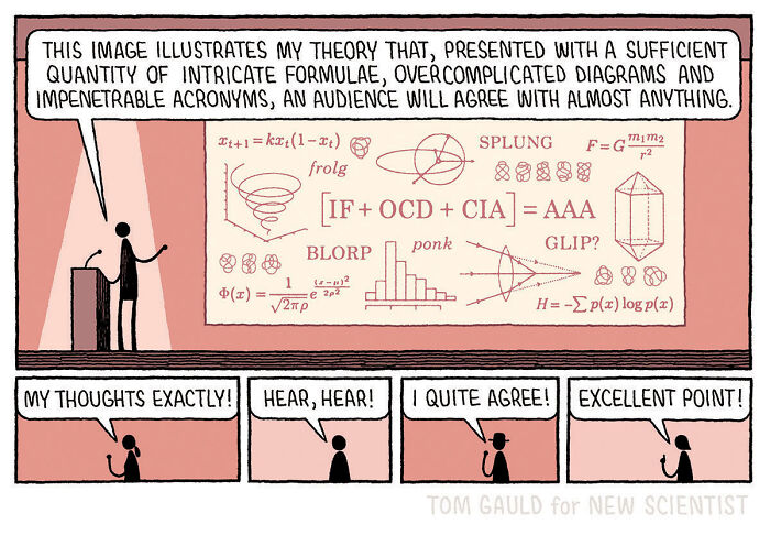 Comic by Tom Gauld showing a figure presenting complex formulas and diagrams linking books, art, and science.