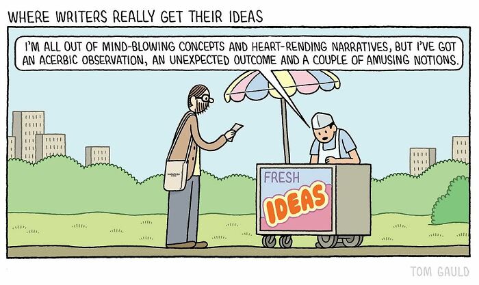 Cartoon by Tom Gauld showing a man buying fresh ideas from a street vendor, highlighting books, art, and science themes.