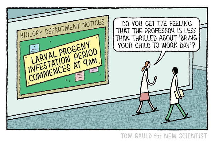 Cartoon by Tom Gauld showing two people discussing a biology notice about larval progeny infestation at a science department.