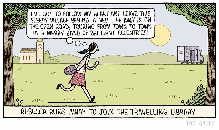 Comic panel by Tom Gauld showing a character running to join a travelling library, blending books, art, and science.