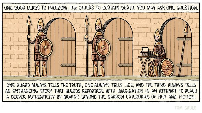 Comic strip by Tom Gauld showing three armored guards by doors, illustrating art and science concepts in tiny comics.