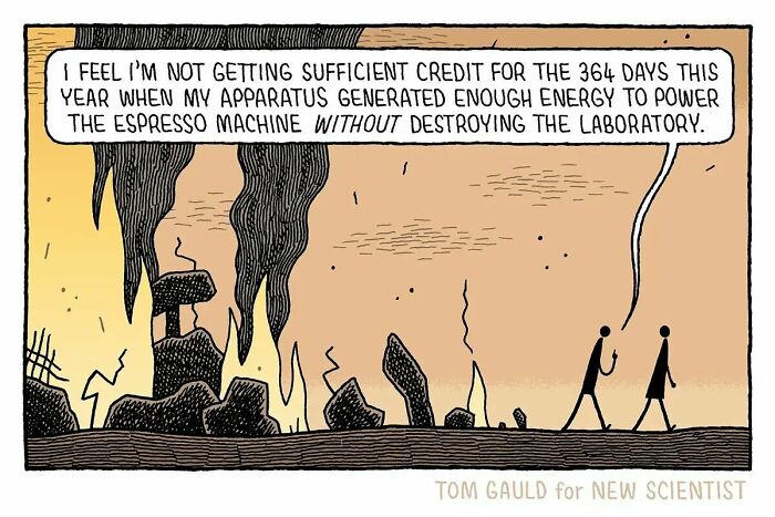 Comic by Tom Gauld showing two stick figures discussing an espresso machine powered by a laboratory apparatus.