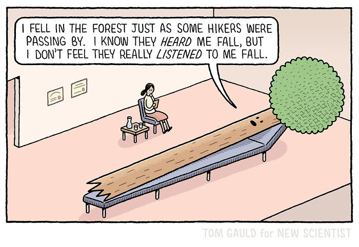 Comic by Tom Gauld showing a person sitting next to a talking fallen tree, illustrating books, art, and science.
