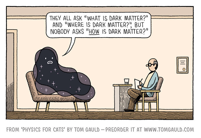 Comic by Tom Gauld illustrating art and science by turning big ideas about dark matter into tiny comics.