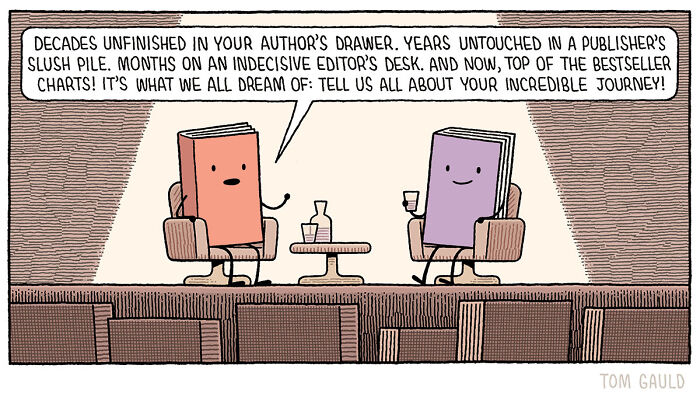 Two animated books sitting and talking on stage in a comic style illustrating books art and science concepts.