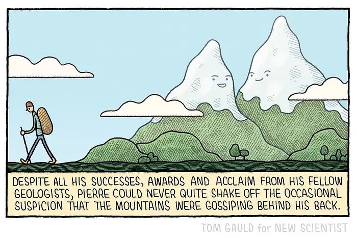 Cartoon by Tom Gauld showing a hiker walking past mountains with smiling faces, illustrating books, art, and science.