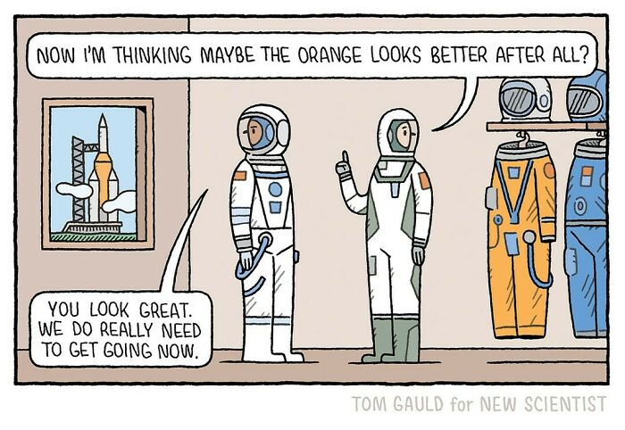 Cartoon by Tom Gauld showing astronauts choosing between white and orange space suits in a comic about books, art, and science.