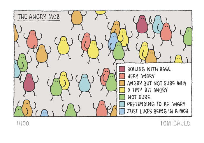 Colorful comic characters illustrating different levels of anger in a tiny comic by Tom Gauld showcasing books, art, and science.