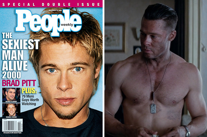 Brad Pitt featured on People magazine cover as Sexiest Man Alive 2000 and a shirtless man with dog tags in a dim room.