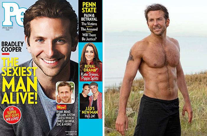 Bradley Cooper featured as a People Sexiest Man Alive winner with a shirtless photo on a beach.