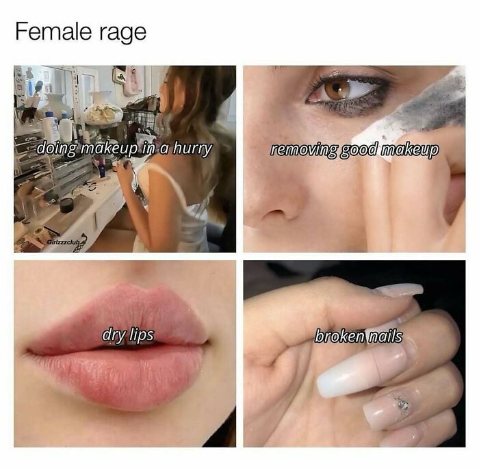 Collage showing makeup struggles including doing makeup in a hurry, removing makeup, dry lips, and broken nails in fashion and diva life.
