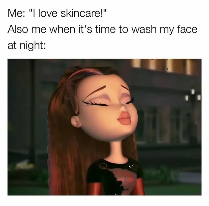 Cartoon girl with long hair closing eyes reluctantly, humor about makeup and skincare routines in fashion and diva life memes.