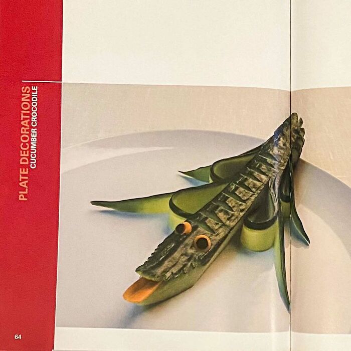 Vintage cucumber crocodile plate decoration showcasing disturbingly creative vintage recipes from Gen X era.