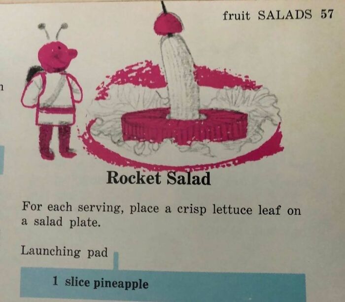 Vintage rocket salad recipe illustration from disturbingly creative vintage recipes highlighting Gen X food trends.