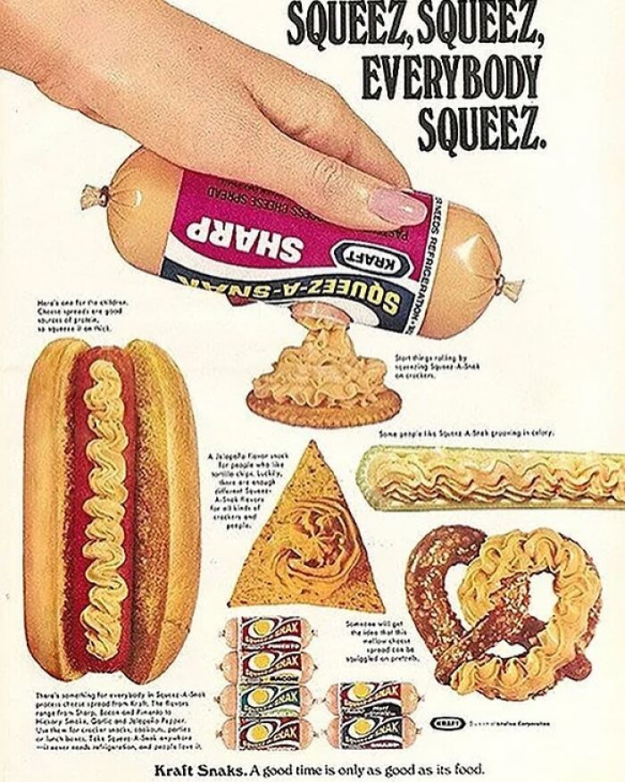 Hand squeezing Kraft Squeeze-A-Snack vintage processed cheese onto snacks in a retro recipe ad.