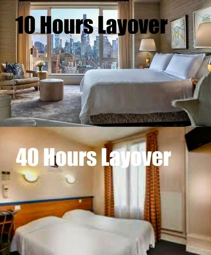 Comparison of two hotel rooms during layovers, illustrating the difference in comfort for aviation travelers with long layovers.