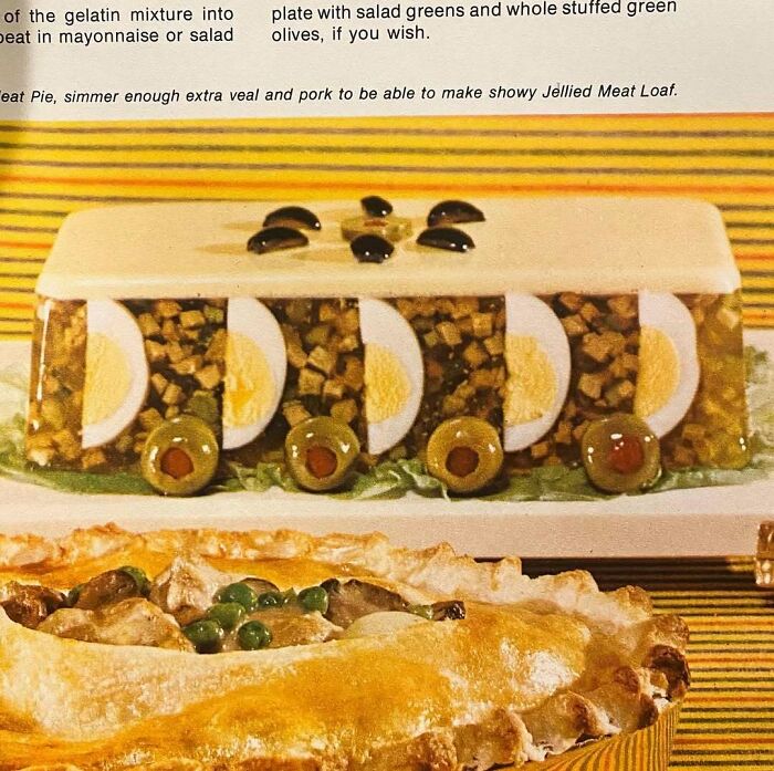 Vintage jellied meat loaf with hard-boiled eggs and olives paired with a savory pot pie from retro recipes.