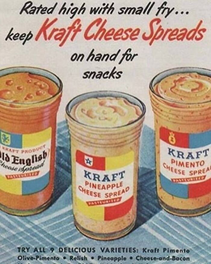 Vintage Kraft cheese spread cans in a retro ad showcasing creative vintage recipes and Gen X snack culture.