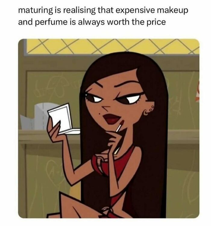 Cartoon woman applying makeup while holding a mirror, highlighting expensive makeup and fashion diva life humor.