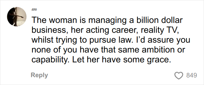 User comment defending Kim Kardashian’s excuses for failing the bar exam, highlighting her busy career and ambition. User comment defending Kim Kardashian’s excuses for failing the bar exam, highlighting her busy career and ambition.