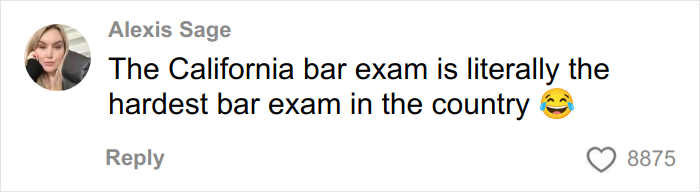Comment on social media discussing the difficulty of the California bar exam amid Kim Kardashian's excuses for failing the exam. Comment on social media discussing the difficulty of the California bar exam amid Kim Kardashian's excuses for failing the exam.