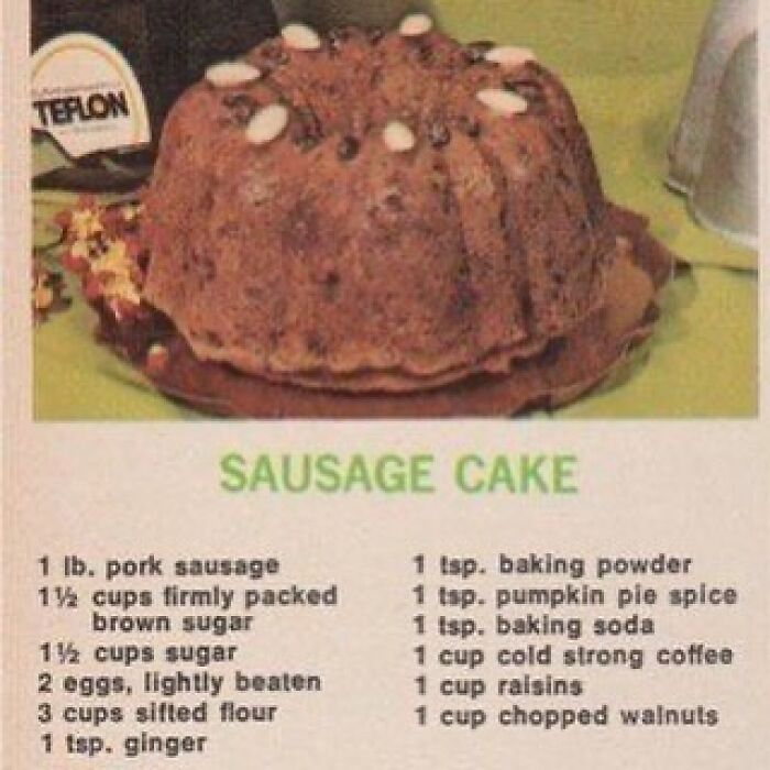 Vintage sausage cake recipe with unusual ingredients like brown sugar, coffee, raisins, and walnuts on a retro kitchen table.