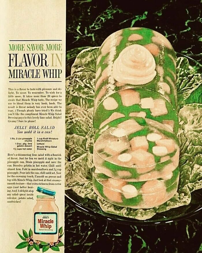 Vintage jelly roll salad with Miracle Whip, marshmallows, and gelatin mold showcasing creative vintage recipes.