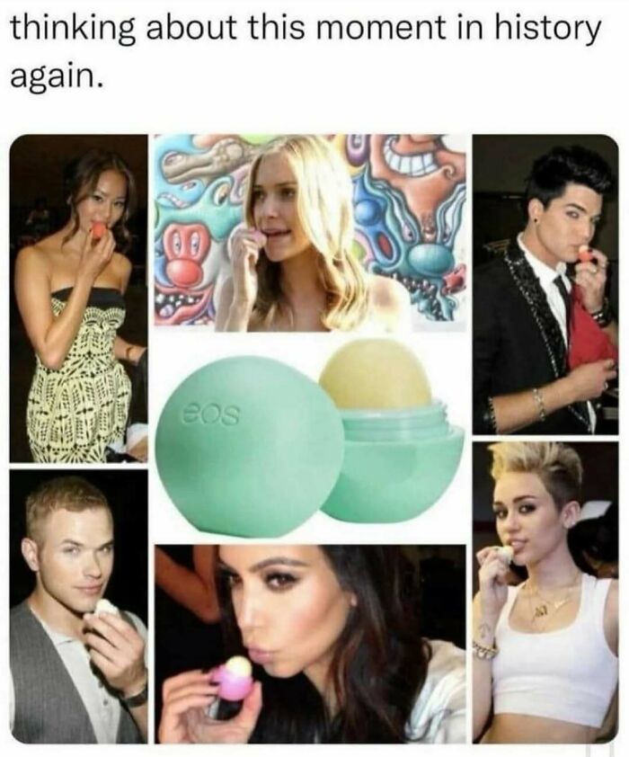 Celebrities applying EOS lip balm in a collage, showcasing makeup, fashion, and diva life trends.