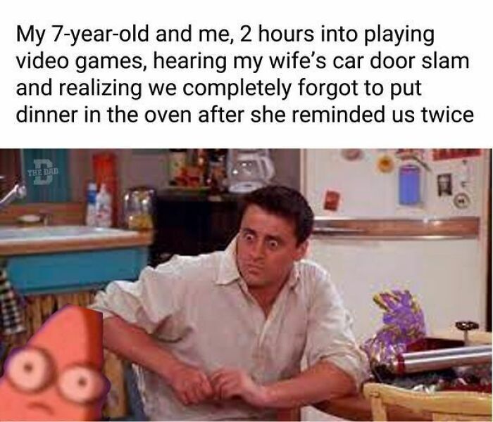 Dad and child shocked realizing they forgot dinner while gaming, capturing a funny meme for dads who just want to game in peace.