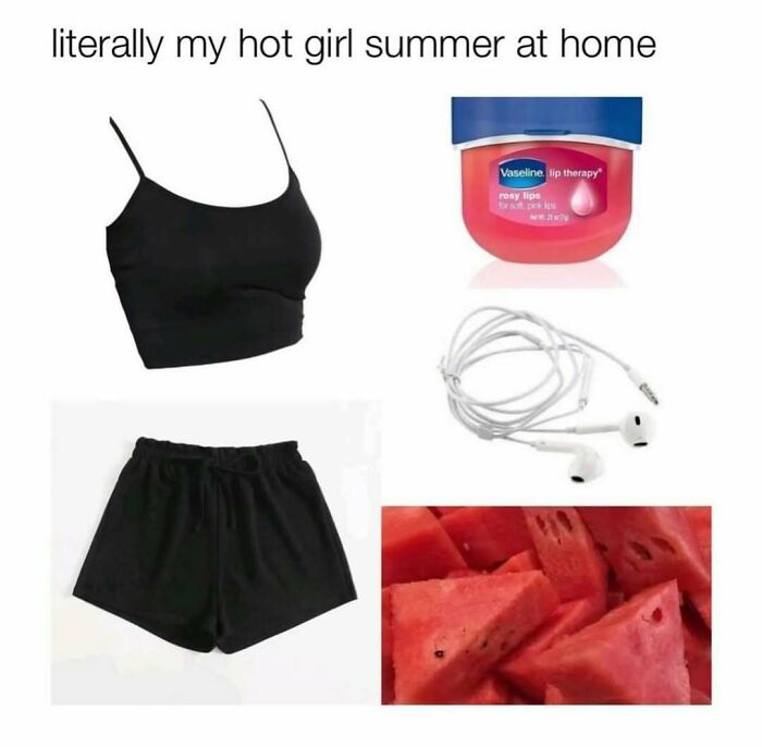 Casual summer outfit with black crop top and shorts, Vaseline lip therapy, earbuds, and watermelon slices for makeup and fashion fans.
