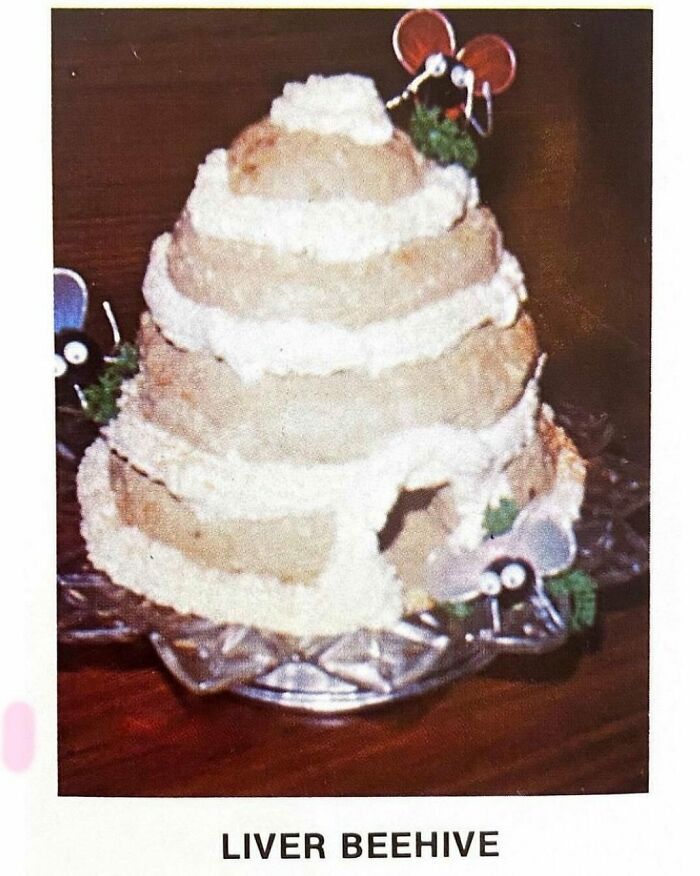 Vintage creative recipe of a liver beehive cake with quirky mouse decorations, showcasing disturbing Gen X food trends.
