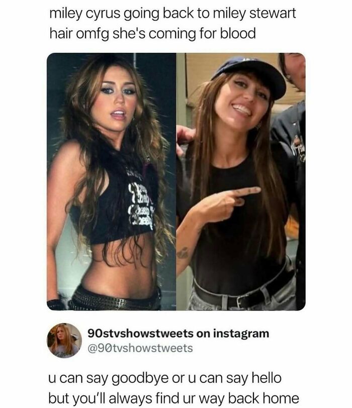 Side-by-side images showing Miley Cyrus with different hairstyles, highlighting makeup and diva life memes.