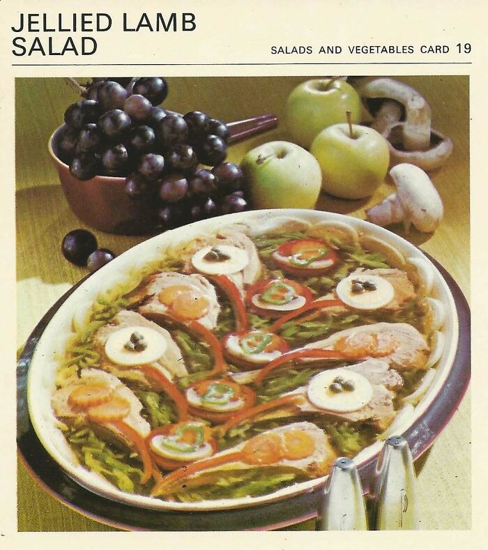 Vintage jellied lamb salad with vegetables and fruit, showcasing disturbingly creative vintage recipes from Gen X era.