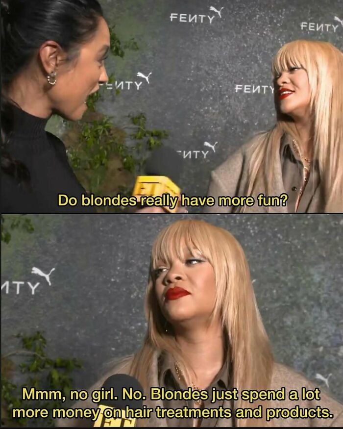 Woman with blonde hair and red lipstick interviewed about blondes and hair treatments in a makeup and fashion meme.