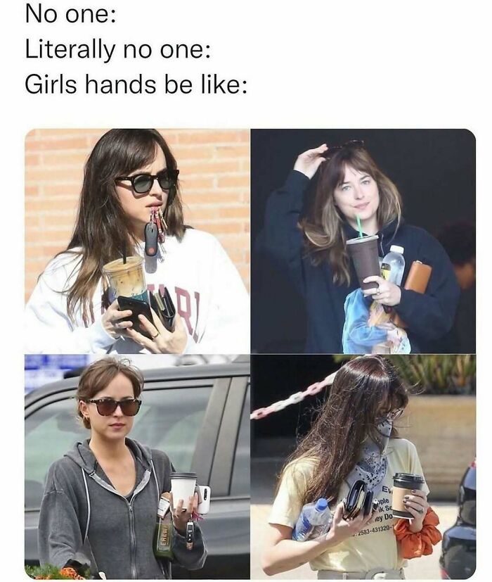 Four women multitasking with drinks, phones, and keys in hand, showcasing makeup, fashion, and diva life humor.