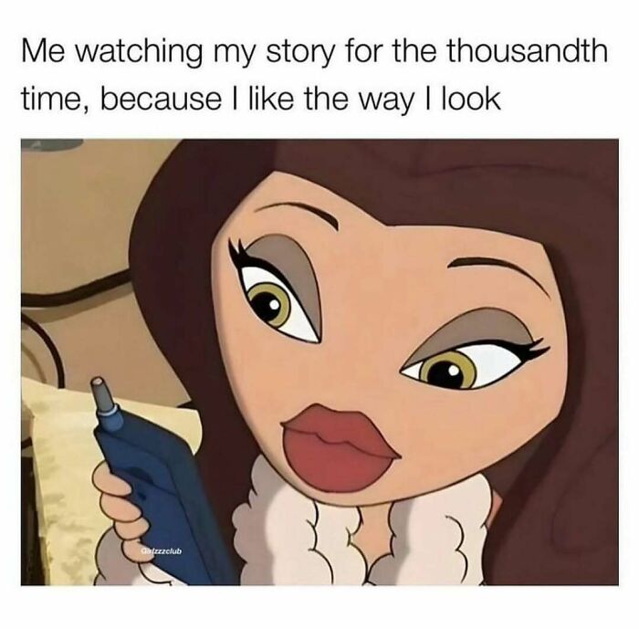 Cartoon character with makeup holding a phone, caption about loving the way they look, meme about makeup and diva life.