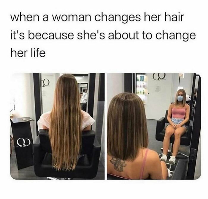 Before and after photos of a woman who changed her long hair to a short hairstyle, showcasing makeup and fashion style.