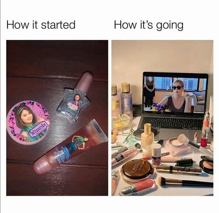 Comparison of old kids' makeup products and a modern collection of makeup and fashion items on a desk with a laptop playing a movie.